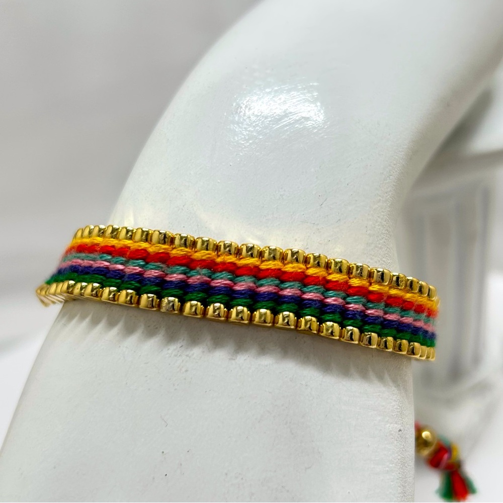 J. Crew, Woven And Gold Bead Adjustable Bolo Style Bracelet, Rainbow